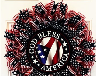 Patriotic God Bless America Red, White, Blue USA Wreath