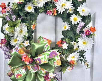 White Daisy Wreath with Ribbon Bow - Year Round Floral Wreath