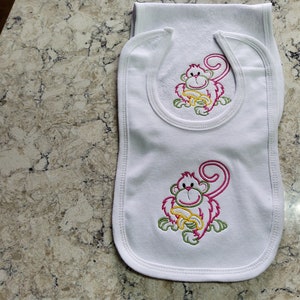 Custom Embroidered Matching Bib and Burp Cloth &quot;Monkey Eats&quot;