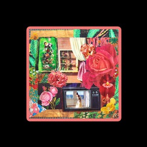 May include: A collage with a pink border featuring floral and interior design elements. A large red rose and a vintage television are prominent. The TV screen shows a woman in a white dress. Other elements include a window, curtains, and various flowers.