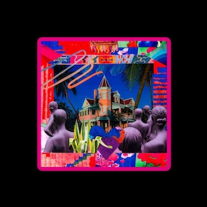 May include: A vibrant, artistic collage featuring a pink Victorian house with a blue sky backdrop and palm trees. Silhouetted figures are in the foreground, with a heart-shaped design and colorful abstract elements framing the scene.