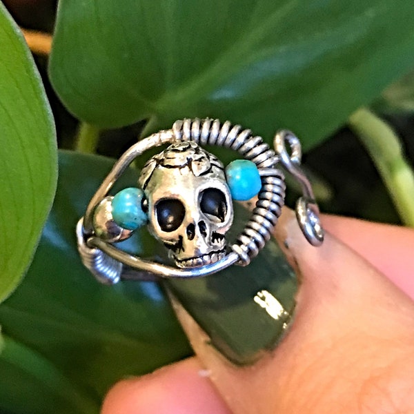 Turquoise Wire Wrap Skull Ring,  silver wire wrap ring, non-tarnish sterling silver wire wrap ring