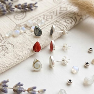925 sterling silver Saint Lucia eye earrings for women, mother-of-pearl abalone stud earrings, coral earrings