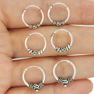 925 silver Bali hoop earrings for women or men - Balinese hoop Ø 10 mm, ethnic vintage style, Balinese hoops