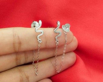 Pendientes de serpiente de plata 925 para mujer, pendiente de cadena pasante de plata para mujer, pendiente de cadena de plata