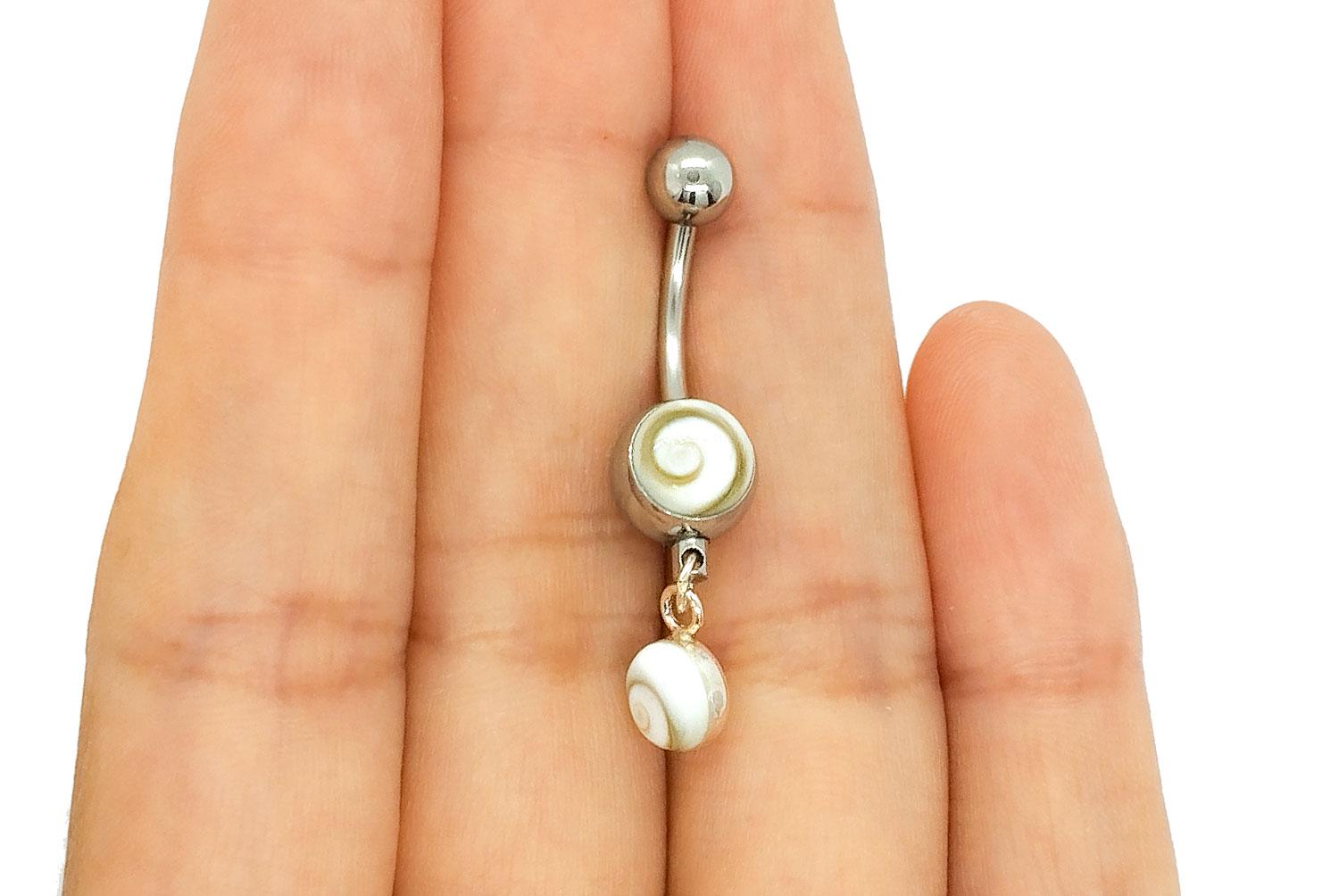 thumbnail image 2 of Fly Style Belly Button Ring – Stainless Steel, Mother Of Pearl Shiva Eye, 00g (10mm) Curved Barbell 2 of 3