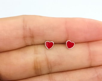 Boucles d'oreilles cœur rouge argent 925 rhodié, boucles d'oreilles cœurs en émail rouge pour femme ou fille, boucles d'oreilles cœur argent