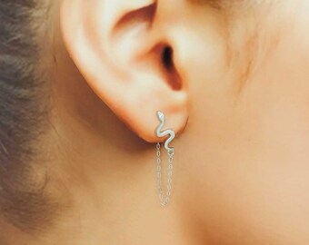 boucles d'oreilles serpent argent 925 pour femme, boucle d'oreille chaine traversante argent pour femme, boucle d'oreille argent chaine