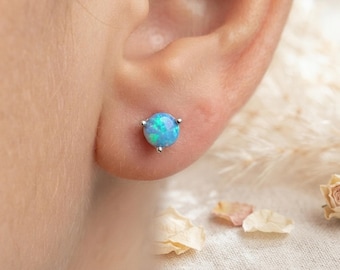 Women's 925 Sterling Silver Blue Opal Earrings, Minimalist Stud Earrings, Turquoise Blue Opal Studs