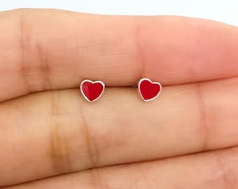 Red heart earrings in rhodium-plated 925 silver, red enamel heart earrings for women or girls, silver heart earrings