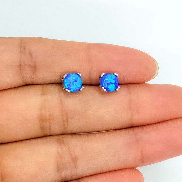 Boucles d'oreilles opale bleue - Boucles d'oreilles rond en argent 925 rhodié et pierre opale bleue pour femme - fille - cadeau femme