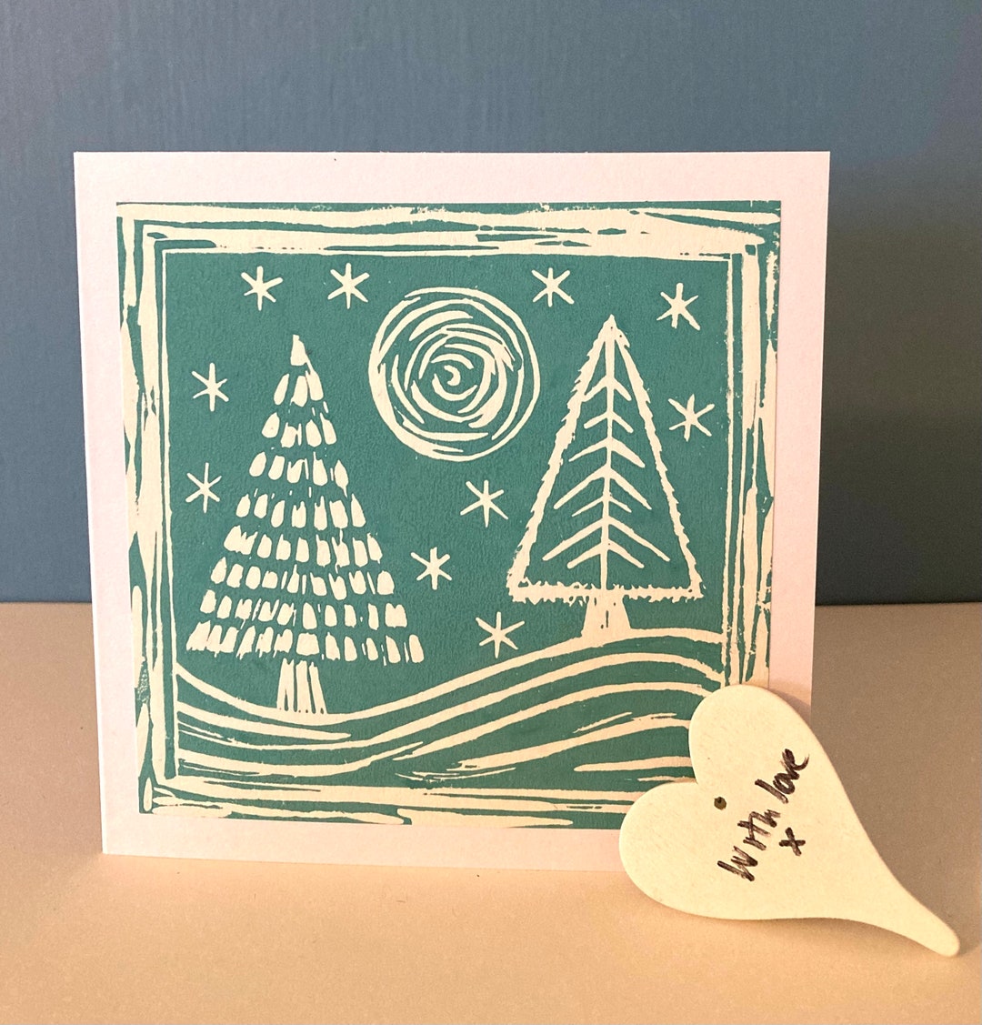 Trees and Moon Lino Print Hand Printed Lino Cut Greeting Etsy UK