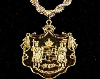 14k GOLD Hawaiian Coat of Arms LARGE Pendant with (7mm x 20in) Rope Chain