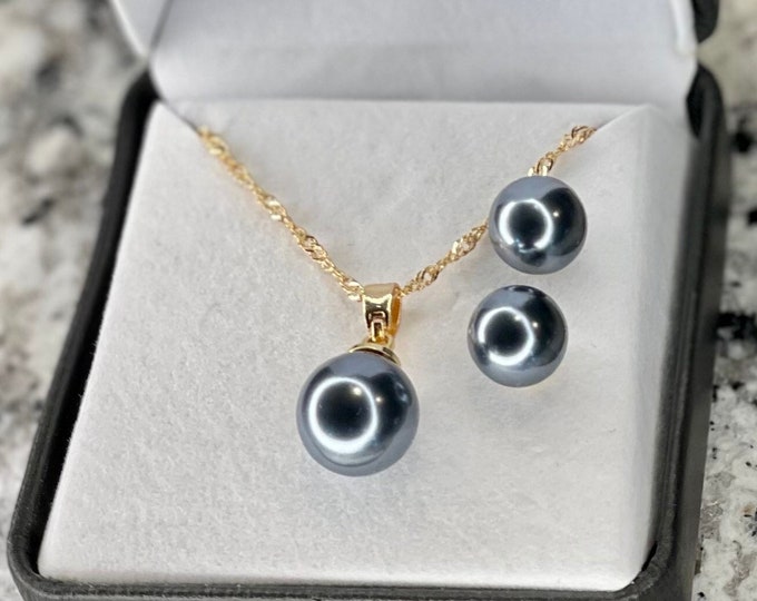 Tahitian Pearl Necklace & Earrings SET 18” Long Chain Dark Silver