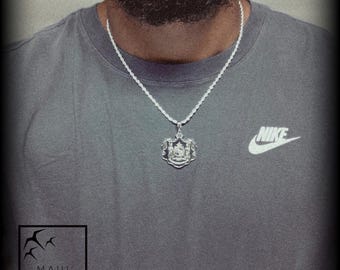 SILVER Hawaiian Coat of Arms Pendant Rope Chain