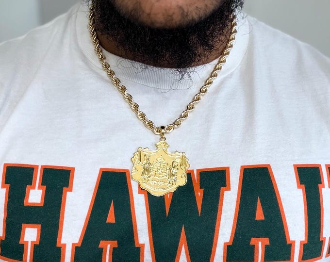 Featured listing image: 14k LARGE Gold Hawaiian Coat of Arms Pendant with (6mm x 22in) THICK Chain