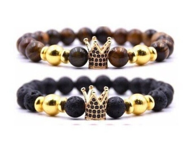 Black Lava Stone & Brown Tiger Eye King Crown Beaded Bracelet SET