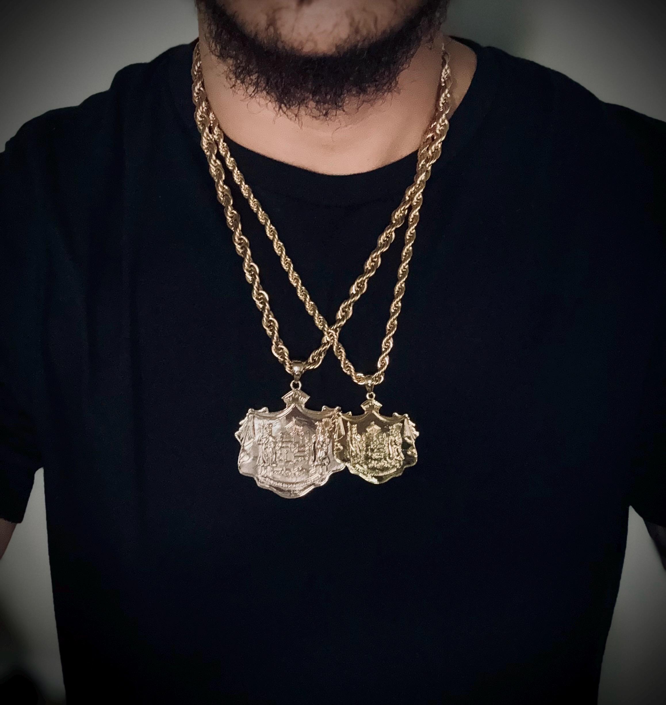 14k GOLD Hawaiian Coat of Arms XL Pendant with (6mm x 24in) Rope Chain