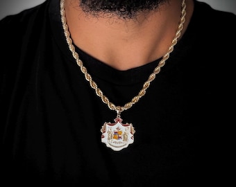 Hawaiian Coat of Arms 14k Gold Enamel Pendant w/ 6mm x 20in Thick Chain