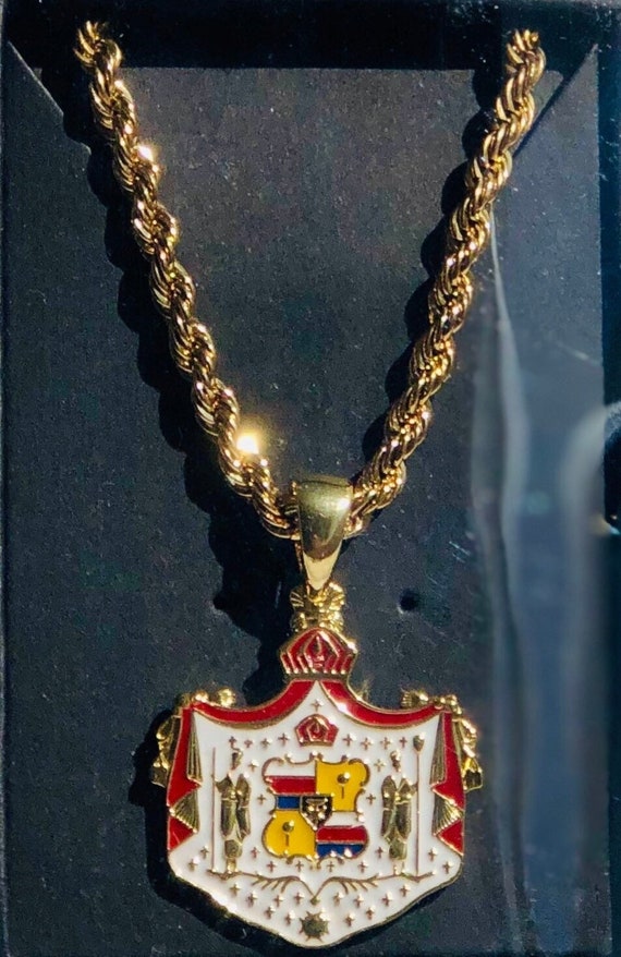 Hawaiian Coat of Arms 14k Gold Enamel Pendant w/ 6mm Thick Chain