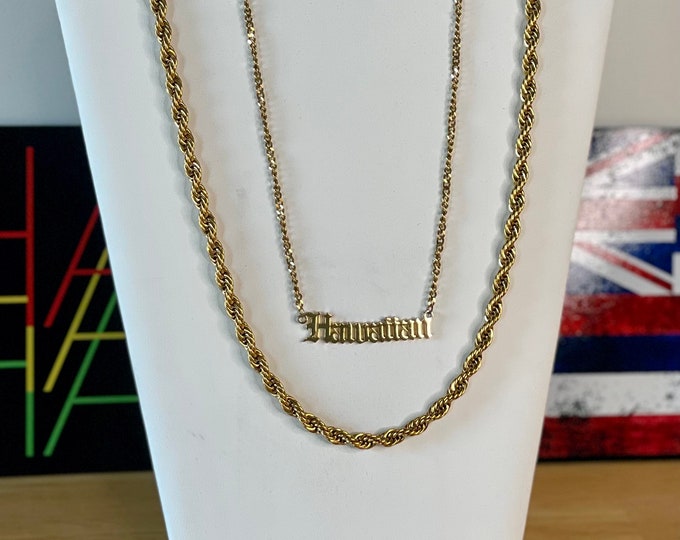 14k Gold HAWAIIAN Logo Nameplate w/ 6mm Rope Chain Set