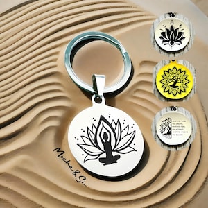 Spiritual Meditation Keychain – Engraved Lotus Charm, Breathe Symbol, Chakra Protection Gift, Mindfulness Accessory, Custom Zen Keyring