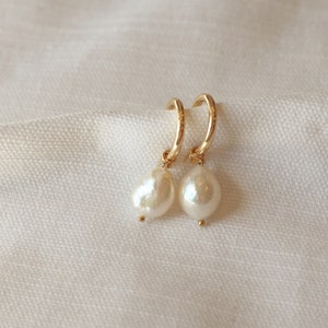 Pearl hoop earrings, Gold filled pearl charm earrings, hoop earrings with pearls, freshwater pearl earrings, genuine pearl earrings, image 5