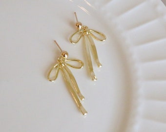 14k Gold Bow Earrings, bow stud earrings, gold ribbon bow earrings, dangly bow earrings, dainty bow earrings, gold filled bow earrings,