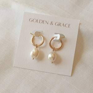 Pearl hoop earrings, Gold filled pearl charm earrings, hoop earrings with pearls, freshwater pearl earrings, genuine pearl earrings, image 4