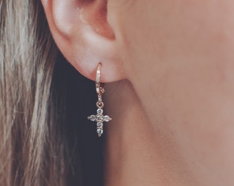 14k gold tiny Cross earrings | diamond Cross charm earrings | Cross earrings gifts for Christians   | dainty Cross earrings