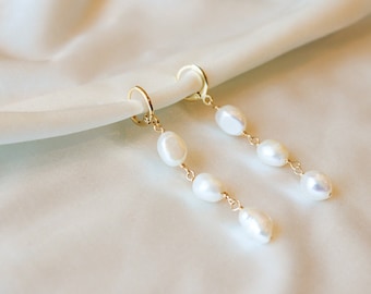 Long 3 pearl dangly earrings | 14k gold filled pearl earrings | pearl dangle earrings | large pearl earrings | long pearl chain earrings |