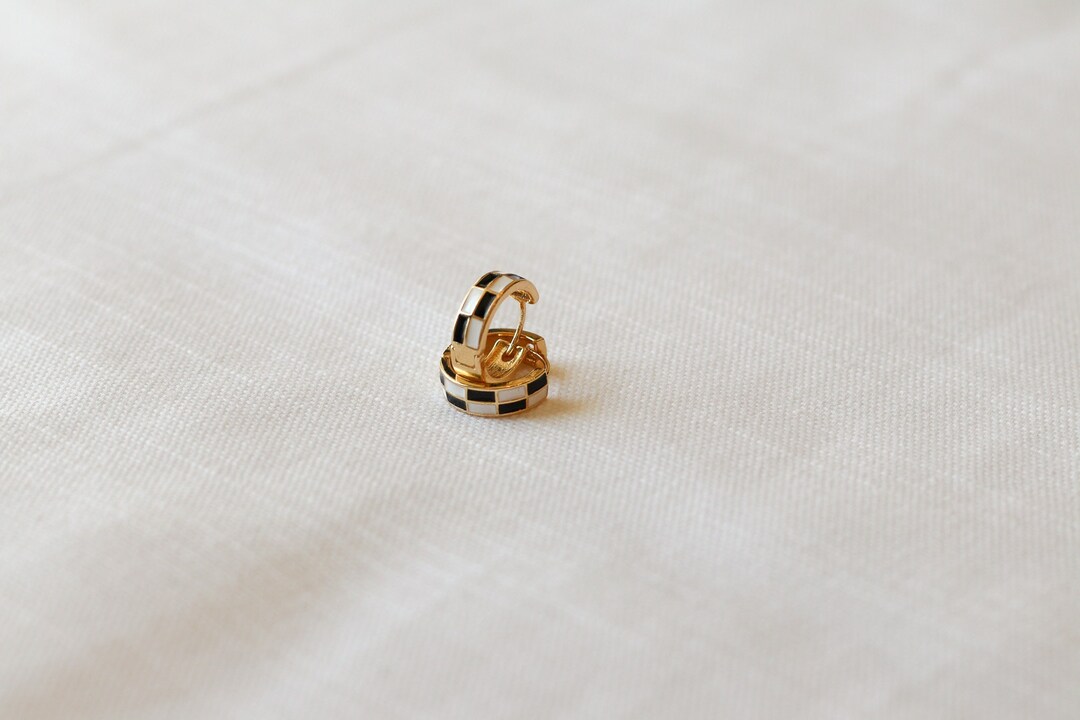 Black White Checkered Hoop Earrings - 16K Gold Plated Small Hoops For Women