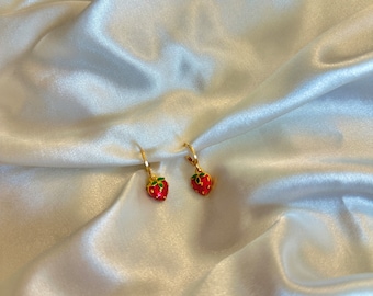 Strawberry charm earrings | stacking earrings | strawberry earrings | fruit earrings | strawberry Huggies | fun earrings | fruit jewelry