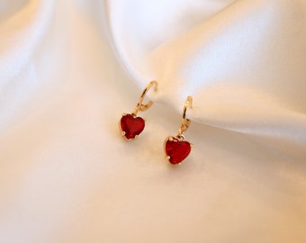 Red heart huggie earrings | Valentine's Day earrings | stacking earrings | heart charm earrings | tiny red heart earrings | gold Huggies