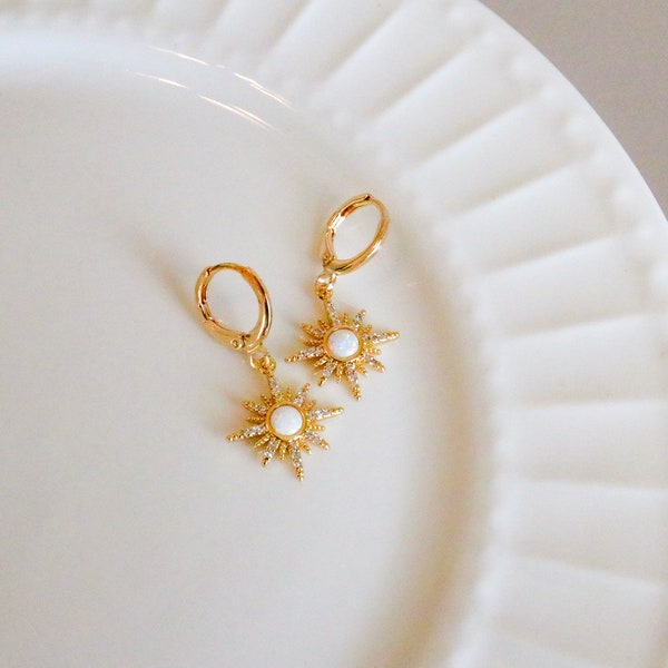 Gold Opal North Star Earrings | sunburst earrings | star charm earrings | Christian jewelry | opal sun earrings | starburst sun earrings |