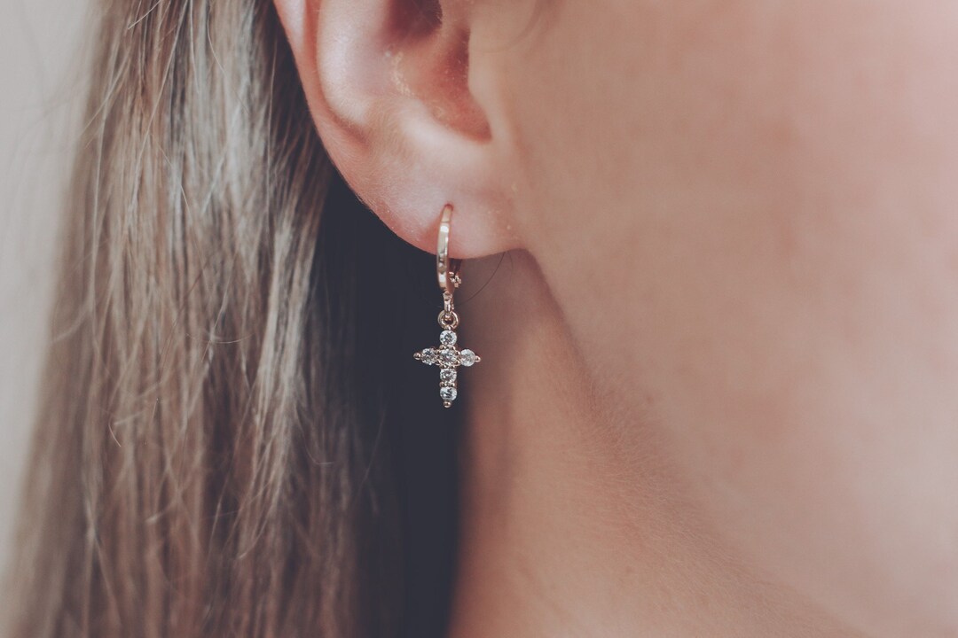 14k Gold Tiny Cross Earrings Diamond Cross Charm Earrings Cross