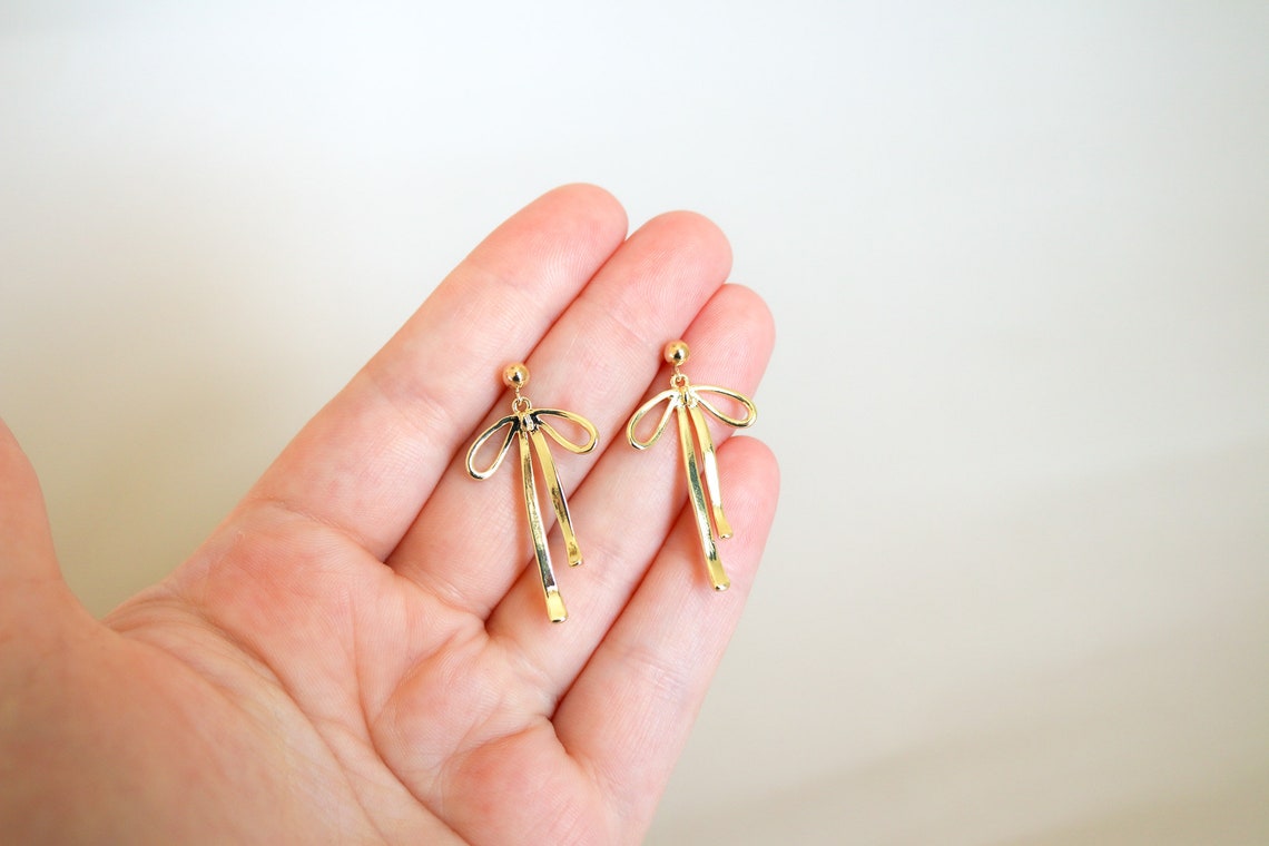 14k Gold Bow Earrings, Bow Stud Earrings, Gold Ribbon Bow Earrings, Dangly Bow Earrings, Dainty ...