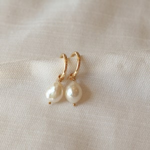 Pearl hoop earrings, Gold filled pearl charm earrings, hoop earrings with pearls, freshwater pearl earrings, genuine pearl earrings, image 1