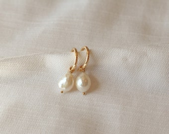 Pearl hoop earrings, Gold filled pearl charm earrings, hoop earrings with pearls, freshwater pearl earrings, genuine pearl earrings,