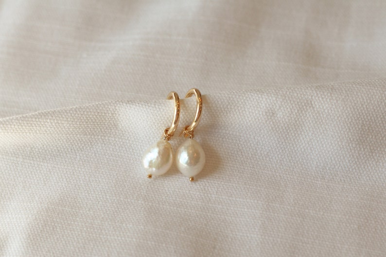 Pearl hoop earrings, Gold filled pearl charm earrings, hoop earrings with pearls, freshwater pearl earrings, genuine pearl earrings, image 1