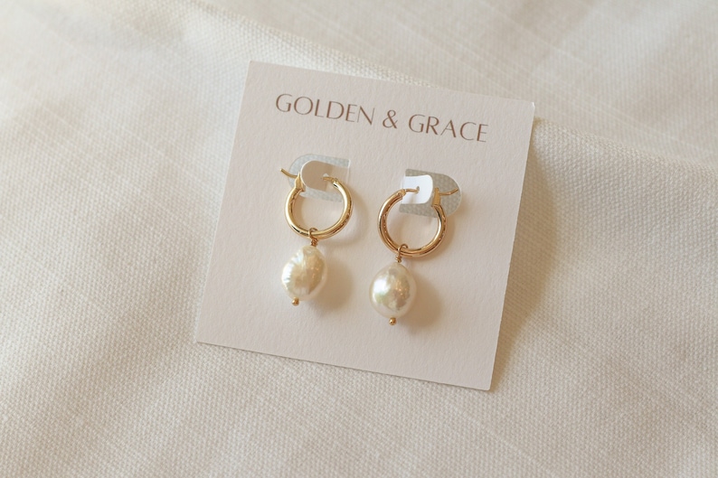 Pearl hoop earrings, Gold filled pearl charm earrings, hoop earrings with pearls, freshwater pearl earrings, genuine pearl earrings, image 4