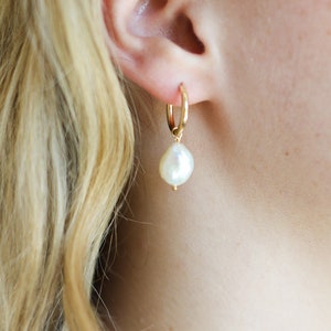 Pearl hoop earrings, Gold filled pearl charm earrings, hoop earrings with pearls, freshwater pearl earrings, genuine pearl earrings, image 6