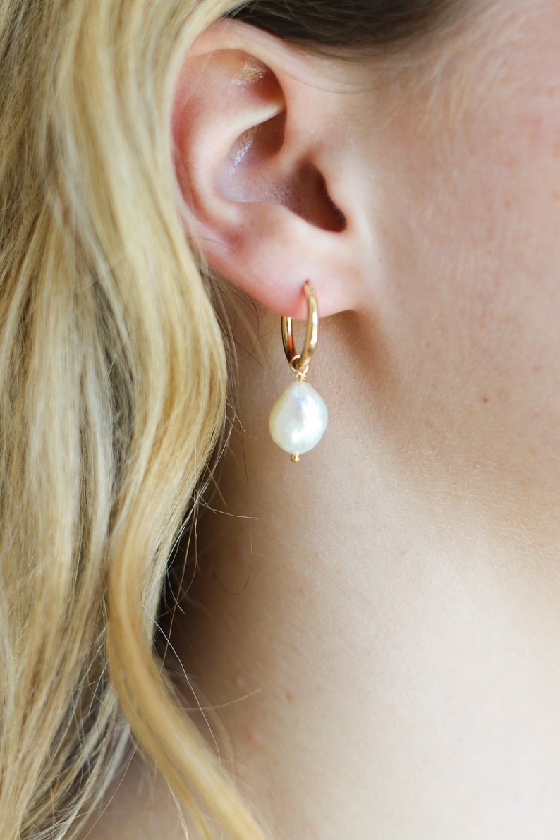 Pearl hoop earrings, Gold filled pearl charm earrings, hoop earrings with pearls, freshwater pearl earrings, genuine pearl earrings, image 6