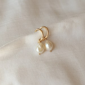 Pearl hoop earrings, Gold filled pearl charm earrings, hoop earrings with pearls, freshwater pearl earrings, genuine pearl earrings, image 7