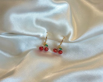 Cherry earrings | dangly cherry hoop earrings | stacking earrings | cherry charm earrings | double cherry earrings |  red cherry earrings |