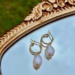 Pearl hoop earrings, Gold filled pearl charm earrings, hoop earrings with pearls, freshwater pearl earrings, genuine pearl earrings, image 2