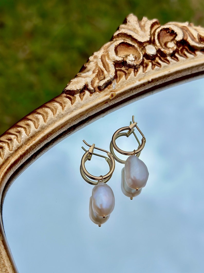 Pearl hoop earrings, Gold filled pearl charm earrings, hoop earrings with pearls, freshwater pearl earrings, genuine pearl earrings, image 2