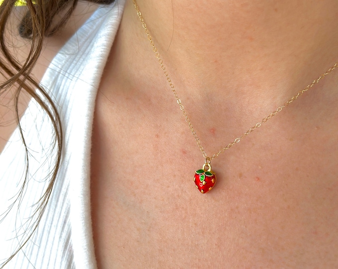 Dainty Strawberry Charm Necklace 14K Gold Filled, Waterproof Etsy