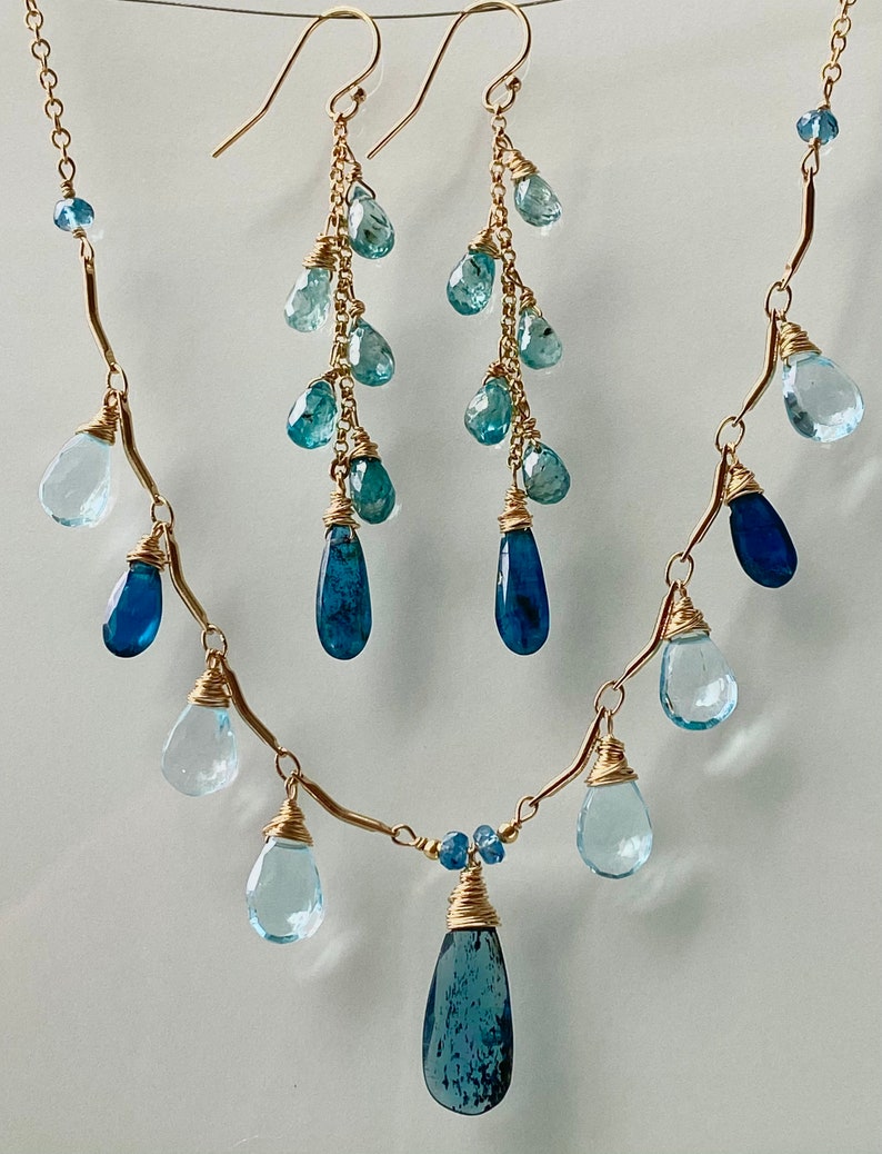 Gift for her London blue Topaz Blue Kyanite Zircon necklace and earrings Blue Earrings Gemstone Cluster Earrings