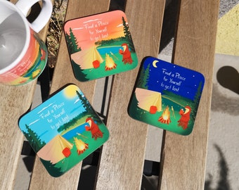 coasters | Lost Place for Yourself | Square Coasters | Otter Camping Fireplace Cozy | for coffee cups, tea cups and more